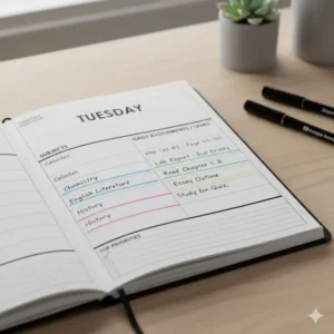Image 4 (Illus 3): A daily page in a student planner with subjects with specific homework assignments listed.
