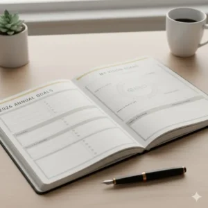 Dedicated annual goal-setting pages in the 2026 12 month planner, outlining personal and professional objectives.