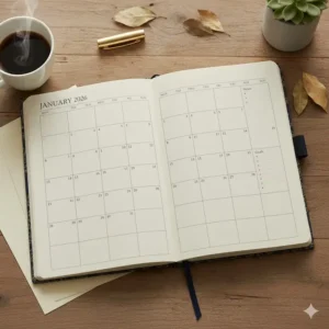 A detailed look at the weekly scheduling pages inside a 2026 hardcover planner.