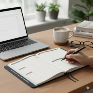 Illustration of the dedicated goal setting and habit tracking pages within the 17 month monthly planner.