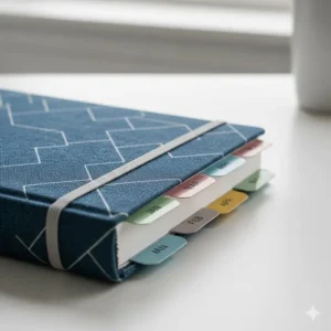 Side view of colorful laminated monthly navigation tabs found in professional large planners 2026.