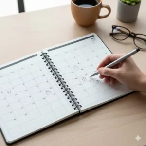 Overhead shot of the monthly spread in a small calendar planner, ideal for quick, big-picture scheduling and event tracking.