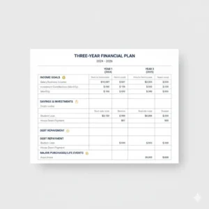 Digital or physical template demonstrating a three-year financial plan layout within a comprehensive planner.