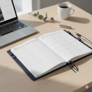 An image showing the large 2026 planner next to a pen and a laptop on a desk, illustrating its substantial size for an office setting.