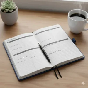 An open page illustrating the vertical weekly layout of the small planner 2026, perfect for detailed appointment scheduling.