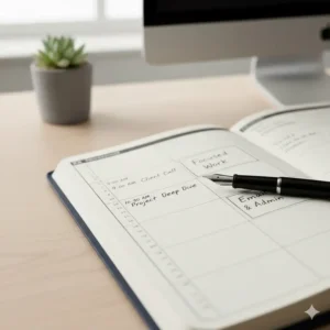 Close-up of hourly scheduling increments in a 2026 appointment planner, ideal for professional time-blocking.