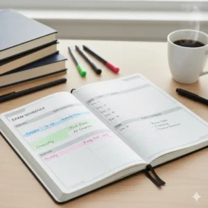 Image 5 (Illus 4): An exam preparation page within a student planner with subjects showing test dates and study times.
