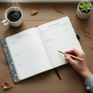 Specialized goal-setting and habit-tracking sections of a 2026 hardcover planner.