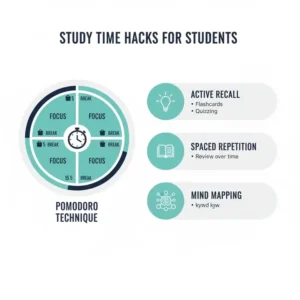 Graphic showing effective study time hacks to incorporate into a student's daily agenda for students.