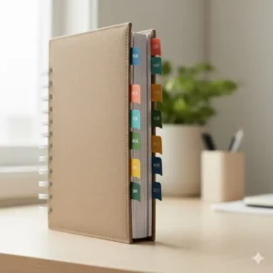 Image of the side of a planner with color-coded monthly tabs, making it easy to navigate the three-year planner quickly.