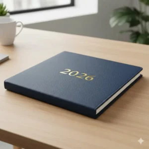 Detailed view of the sturdy, navy blue, vegan leather cover of the large 2026 planner with an elegant debossed "2026" title.
