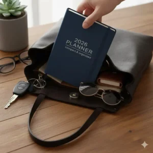 A hand dropping the portable small planner 2026 into a small purse or backpack, emphasizing its lightweight design.