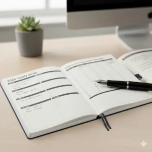 Dedicated goal setting and habit tracking page inside a 2026 appointment planner to monitor progress.