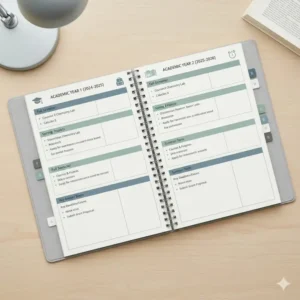 Illustration showing an academic or professional three-year planner spread, useful for university students or career mapping.