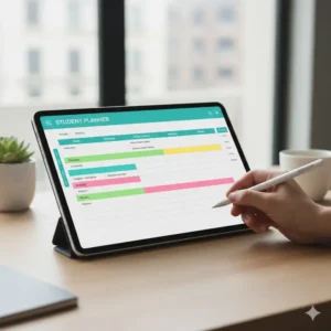 Image 6 (Illus 5): A digital version of a student planner with subjects being edited on a tablet with a stylus.
