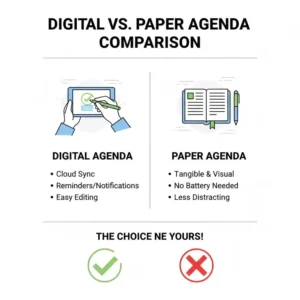 Comparison table highlighting the pros and cons of using a digital vs. paper daily agenda for students.