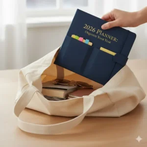 A person holding a compact 2026 planner with pockets suitable for travel and work.