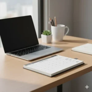 A small calendar planner placed neatly on a tidy office desk next to a laptop, demonstrating its minimal space requirement.