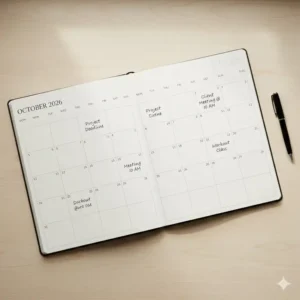 Top-down view of a spacious two-page monthly calendar grid inside large planners 2026.