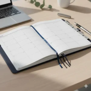 The built-in ribbon bookmark and monthly tab dividers visible in the large 2026 planner to help users quickly navigate the year.