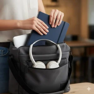 A compact 2026 appointment planner being placed into a laptop bag to demonstrate its portable size.