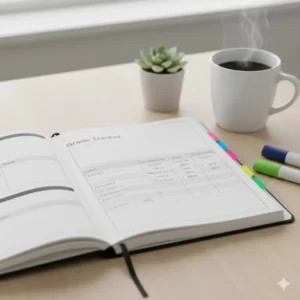 Image 7 (Illus 6): A progress tracking sheet in a student planner with subjects used to monitor academic grades.