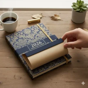 The back cover of a 2026 hardcover planner featuring an elastic closure and storage pocket.