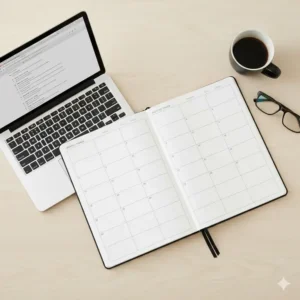 A photo comparing the size of the monthly planner big next to a standard tablet or notebook for clear scale reference.