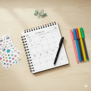 A set of colorful planning stickers and fine-tip pens laid out next to an open small calendar planner for fun customization.