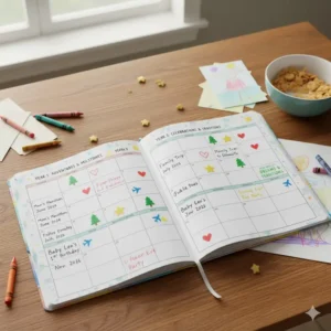 A fun visual of a three-year planner used for family event calendar organization, including birthdays and holidays.