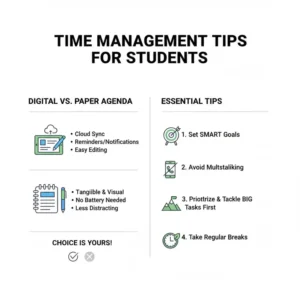 A list of essential time management tips designed to help students stick to their daily agenda for students.