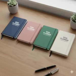 A flat lay showing multiple copies of the small planner 2026 in different attractive cover colors, such as black, pink, and green.