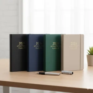 A variety of 2026 appointment planner cover colors including professional black, navy blue, and forest green.