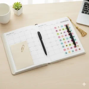 Image highlighting the useful back pocket and extra features like included stickers in the 2026 12 month planner.