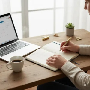 A person using a 2026 hardcover planner in a modern office setting for daily organization.