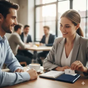 Placing a business card into the front sleeve of a 2026 planner with pockets during a meeting.