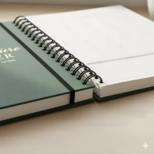 Image showcasing the durable, double-ring spiral binding on the monthly planner big, designed to lay perfectly flat.
