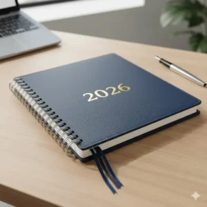 View of the durable, spiral coil binding on the back of the large 2026 planner, ensuring it lies flat when open for easy writing.