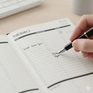 Close-up of premium thick paper in a 2026 appointment planner showing no ink bleed-through from a fountain pen.