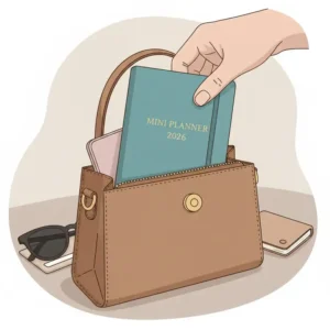 An illustration of a pocket-size mini planner 2026 being placed into a small handbag.