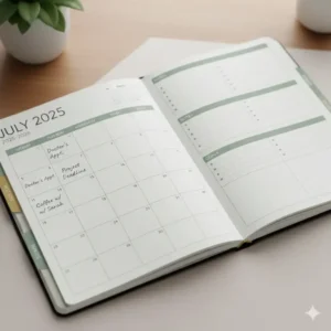 Close-up illustration of a monthly calendar spread in a july to june planner showing spacious date boxes.