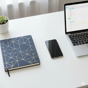 A size comparison showing a planner large next to a standard smartphone and a 13-inch laptop to demonstrate scale.