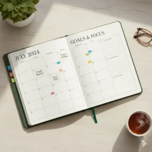 Overhead view of an open 18 month daily planner showing the monthly calendar spread for long-term planning.