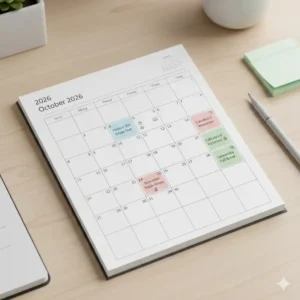 A minimalist monthly layout in a 2026 college planner with color-coded assignment dates and university holidays.