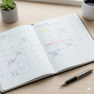 Interior view of the monthly layout and calendar grids found in premium 2 year planners.