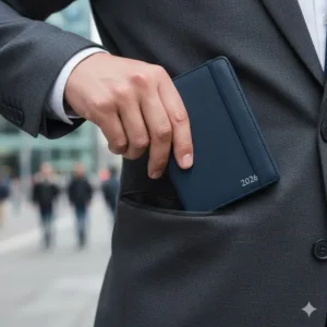 Illustration 1: Close-up showing a weekly pocket planner 2026 fitting easily into a jacket pocket for portability.