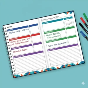A detailed digital illustration showing the weekly spread layout of a high school student planner.