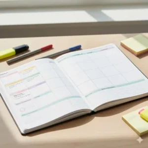 Close-up of a weekly planner spread designed for middle school students to track homework and extracurriculars.