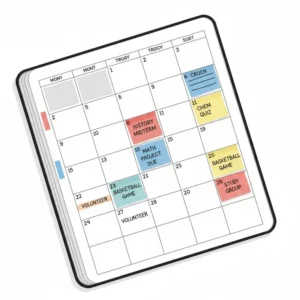 A close-up of a monthly layout inside high school planners showing exam dates.