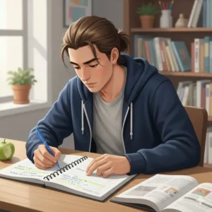 A focused high school student writing important notes in their homework notebook during study time.